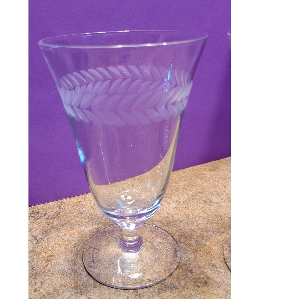 Set of 3 Vintage Etched Laurel Leaf Crystal Footed Iced Tea Glasses 6 inch
